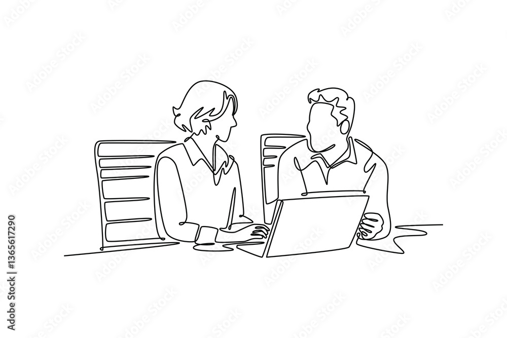 Two happy busy professional executives team business people working together on laptop. Technology in business concept. Single line draw design. Vector graphic illustration Two happy busy professional executives team business people working together on laptop. Technology in business concept. Single line draw design. Vector graphic illustration