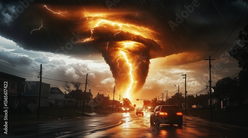 Fototapeta Naklejka Na Ścianę i Meble -   Massive tornado swirling over small town street with dark storm clouds and lightning strikes, cars evacuating under dramatic sunset sky. Photorealistic rendering of extreme weather, natural disaster,