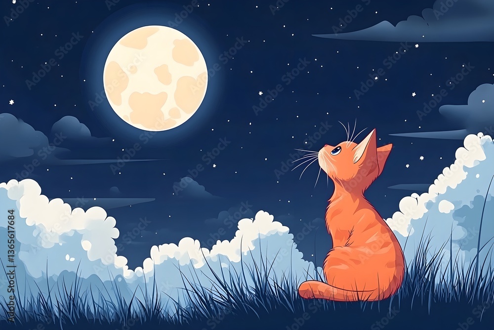Fototapeta premium A cat sits in the grass and looks at the sky with clouds and moonlight.