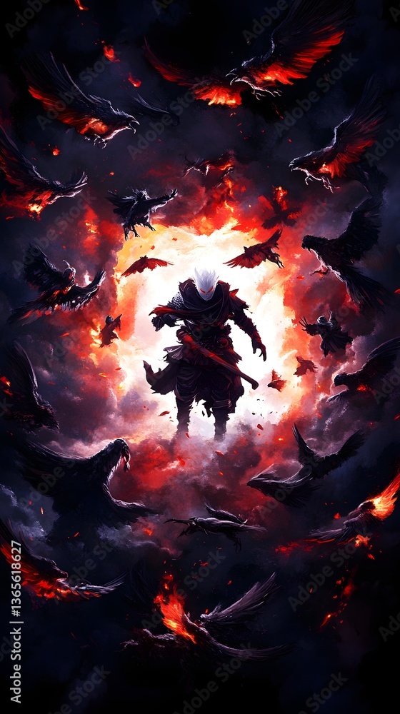 Fototapeta premium Warrior in the Inferno: A silhouetted warrior stands defiantly amidst a fiery inferno, surrounded by ominous figures, their form emerging from the heart of the flames