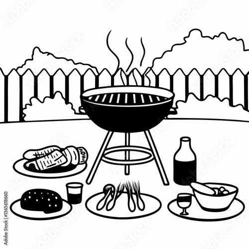 barbecue, cook, cookout, fire, food, grill, illustration, menu, party, picnic, vintage, weekend