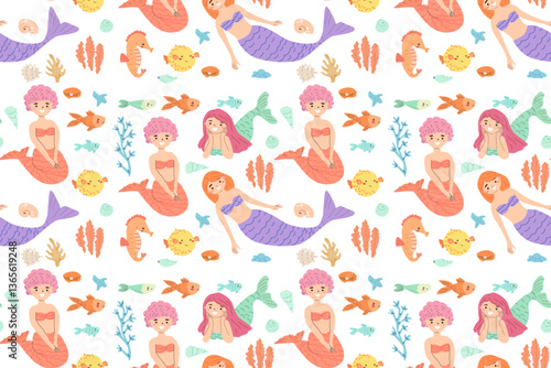 Colorful mermaid and sea life pattern with cartoon fish and coral elements.