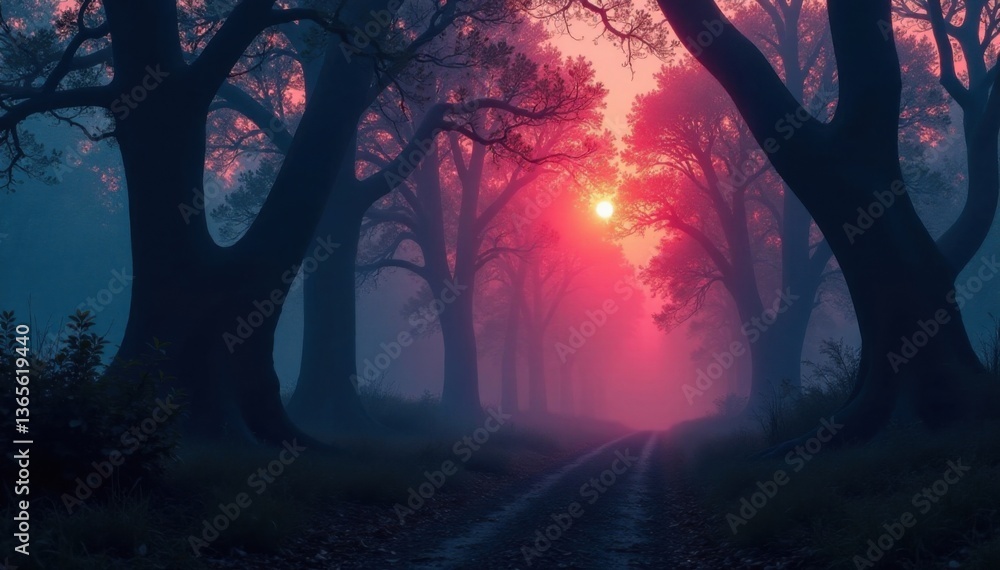 Obraz premium Mysterious forest at dusk with misty fog and twisted tree branches, edge, fog, tree