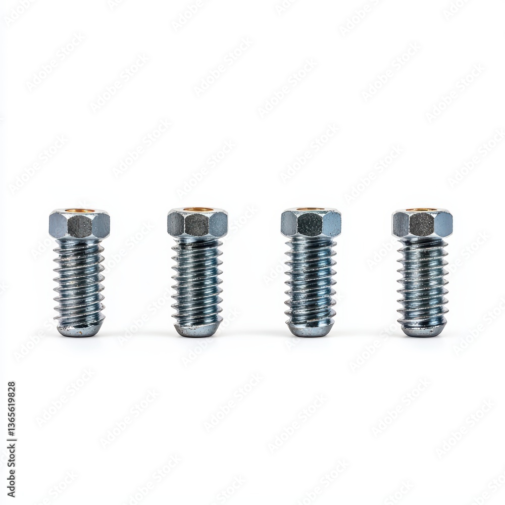 Metallic threaded fasteners in a row on white background Metallic threaded fasteners in a row on white background