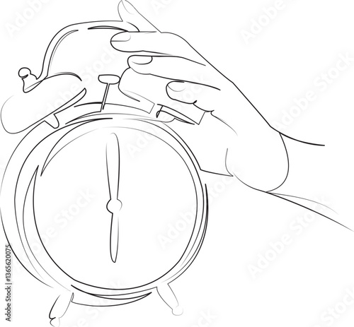 One continuous line art drawing flat illustration time, clock, alarm, deadline, timer, person, concept, hand, morning, bell. Isolated image hand draw outline on white background