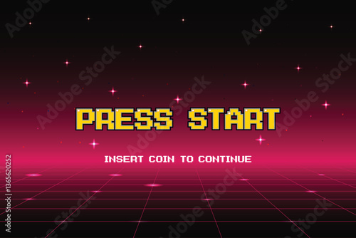 PRESS START INSERT A COIN TO CONTINUE .pixel art .8 bit game. retro game. for game assets .Retro Futurism Sci-Fi Background. glowing neon grid. and stars from vintage arcade computer games
