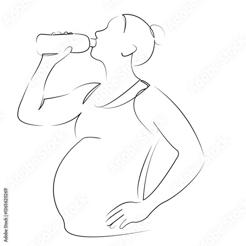 One continuous line art drawing flat illustration pregnant, water, person, mother, woman, lifestyle, sport, bottle. Isolated image hand draw outline on white background