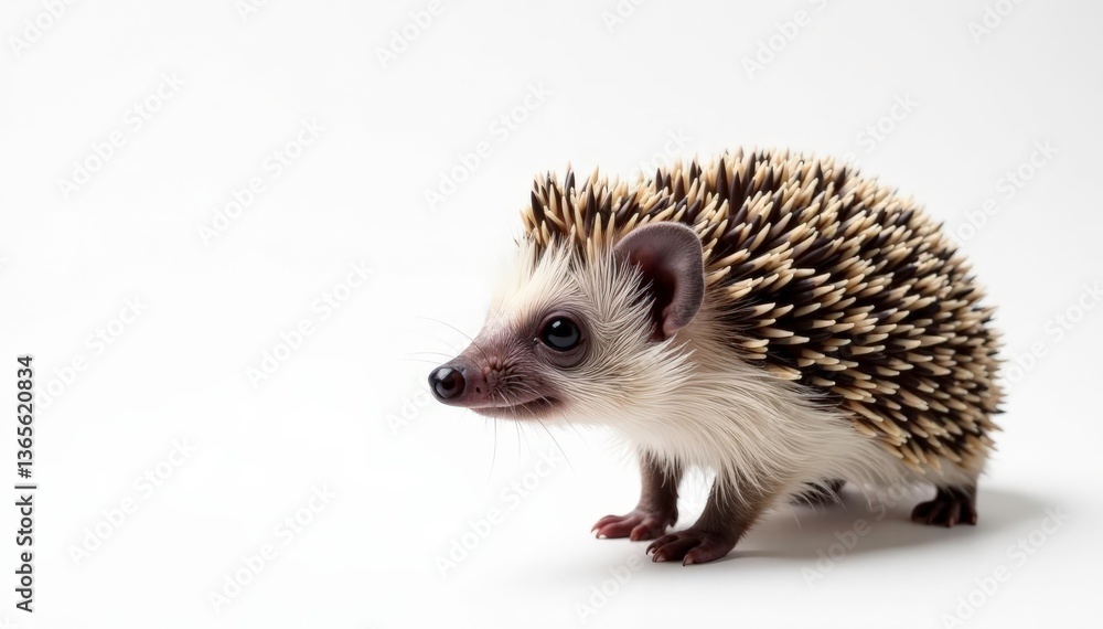 Fototapeta premium A single hedgehog against a stark white backdrop, showing its spines clearly , white, image, animal