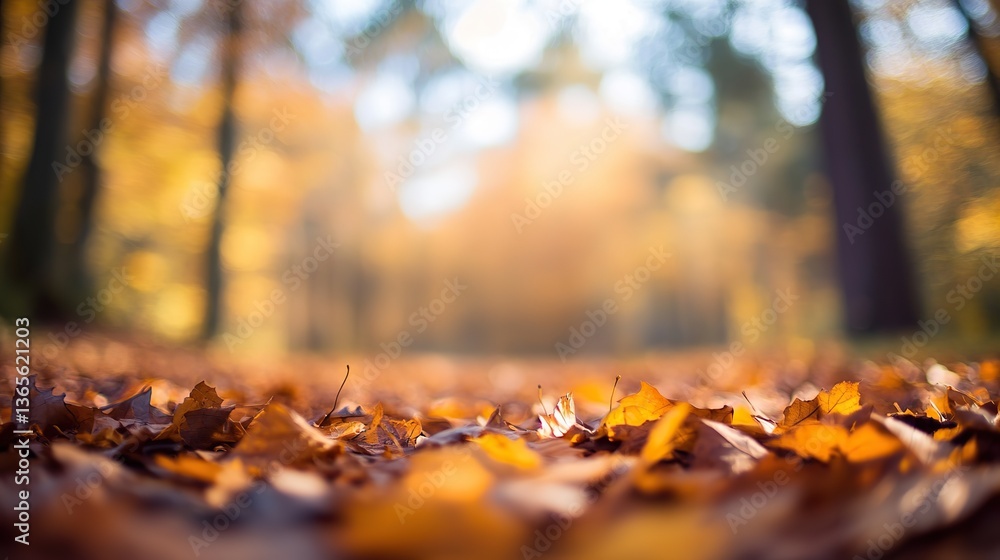 Close - up of fallen leaves on the forest floor with sharp focus, vividly showing their details, while blurred trees in the background set off the beauty of autumn. Close - up of fallen leaves on the forest floor with sharp focus, vividly showing their details, while blurred trees in the background set off the beauty of autumn.