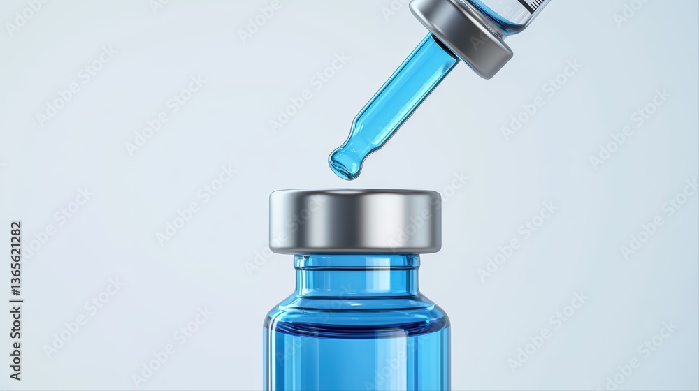 Obraz premium Vaccine vial with dropper and blue liquid detail