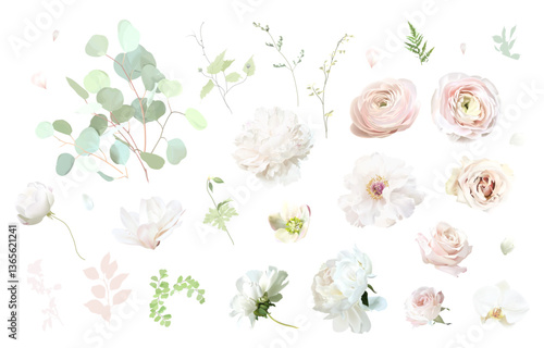Pink ranunculus, white peony, blush pink rose, magnolia, green hellebores, eucalyptus, sage greenery vector design wedding spring set. Floral summer watercolor. Elements are isolated and editable