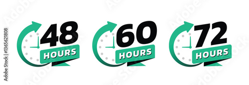 Hour timer icons. 48, 60 and 72 hours, clock face icon. Timer showing hours. Flat icon vector isolated on white background.