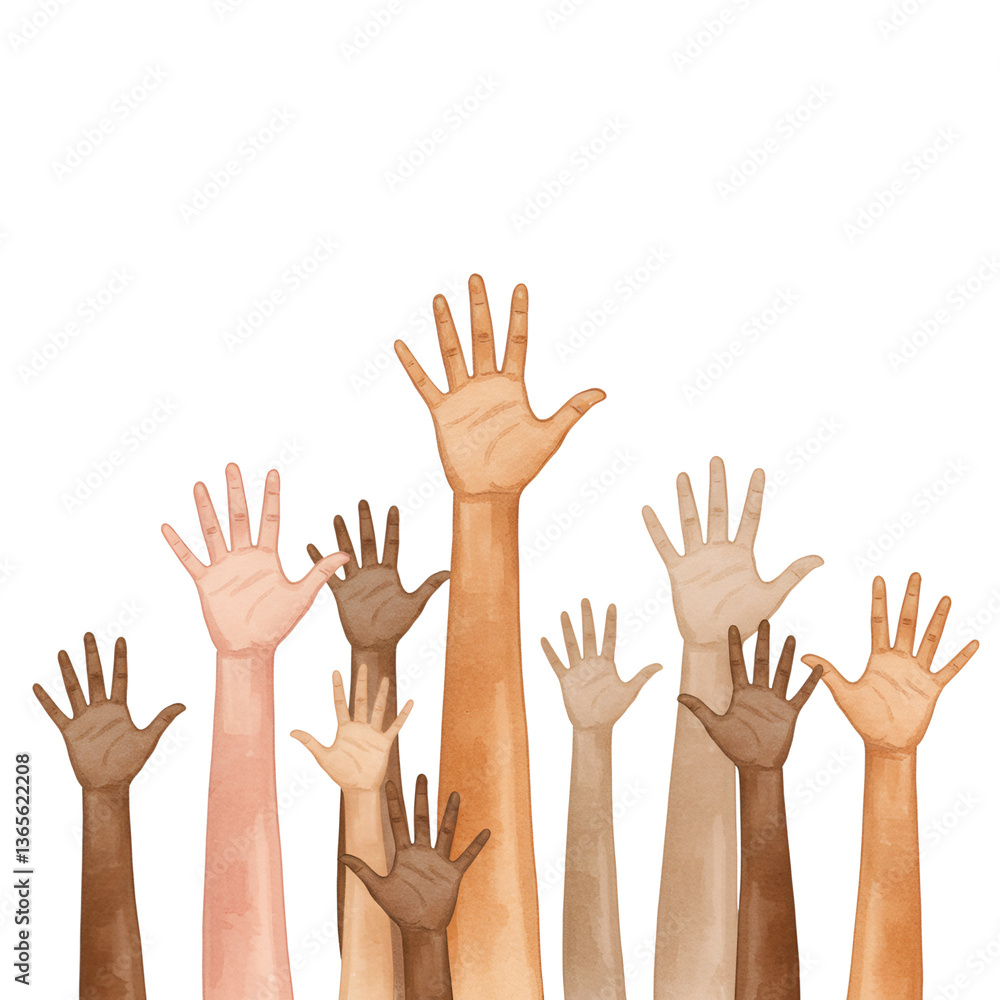 Diverse Hands Raised in Unity A Watercolor Illustration of Inclusivity and Participation