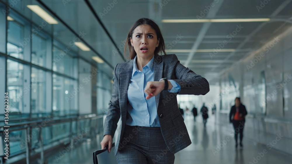 Deadline Dash: A poised business woman, caught mid-stride with her gaze fixed upon her wristwatch, her briefcase in hand, suggesting a flurry of activity within the dynamic setting of an airport. Deadline Dash: A poised business woman, caught mid-stride with her gaze fixed upon her wristwatch, her briefcase in hand, suggesting a flurry of activity within the dynamic setting of an airport.