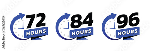 Hour timer icons. 72, 84 and 96 hours, clock face icon. Timer showing hours. Flat icon vector isolated on white background.