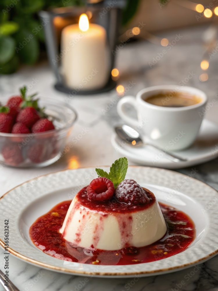 Italian cuisine with panna cotta garnished by raspberry coulis and fresh berries Italian cuisine with panna cotta garnished by raspberry coulis and fresh berries