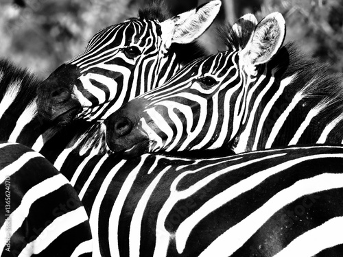 Black and white zebra heads resting in Tsavo, Kenya