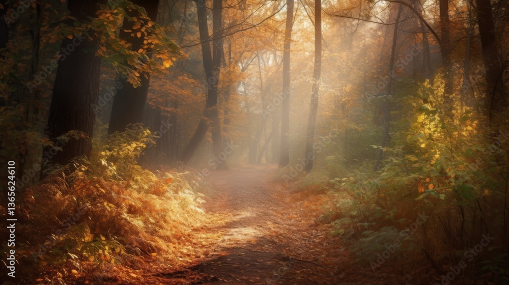 Fototapeta premium Serene forest path illuminated by autumn light.