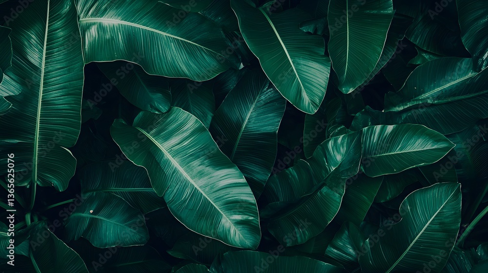 Obraz premium Vibrant Tropical Banana Leaf Texture with Glossy Green Foliage and Natural Patterns