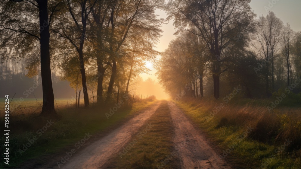 Fototapeta premium Serene sunrise over a forest path in nature.