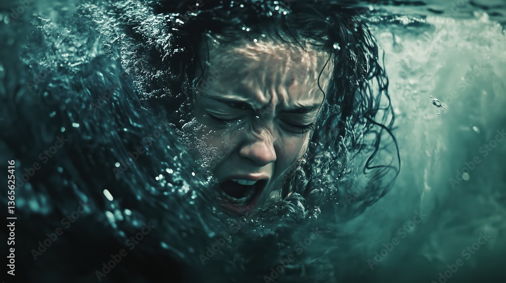 Woman in underwater distress, captured in hyper-realistic detail, conveys the urgency and fear of drowning Woman in underwater distress, captured in hyper-realistic detail, conveys the urgency and fear of drowning
