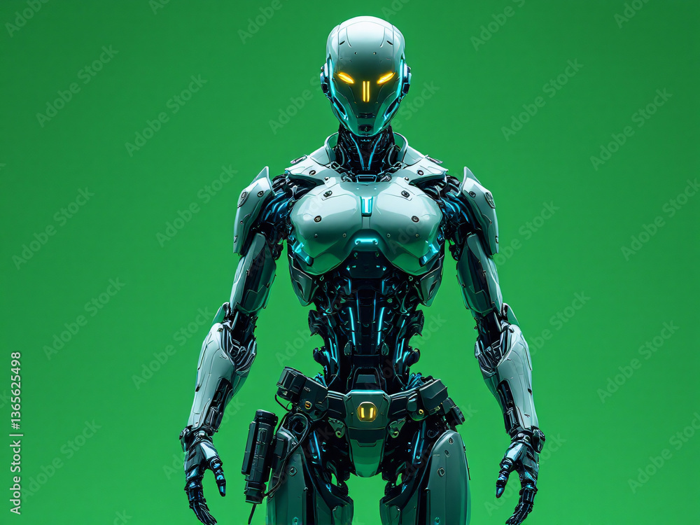 Fototapeta premium Futuristic metallic robot standing against a green screen background with glowing eyes.
