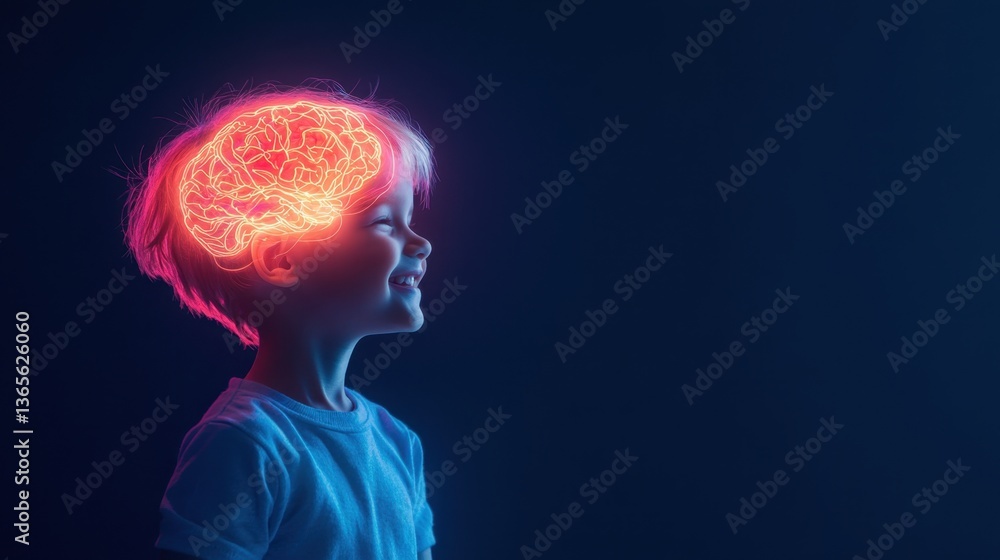 Fototapeta premium A Child with Glowing Brain Graphic Representing Imagination, Creativity, and Intelligence in a Dark Background
