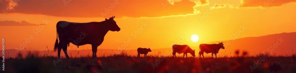 Silhouette of a cow standing in a field with other animals , farm, livestock Silhouette of a cow standing in a field with other animals , farm, livestock