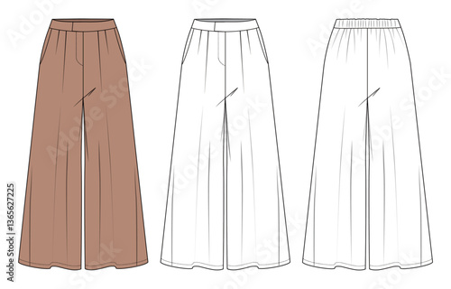Women’s Fashion Pants – Flat Vector CAD Sketch, Flat CAD drawing of women's trousers including front and back views. Great for tech packs, portfolios, and garment production.