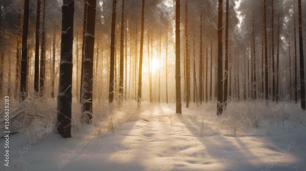 Fototapeta premium Sunset through snow-covered pine forest
