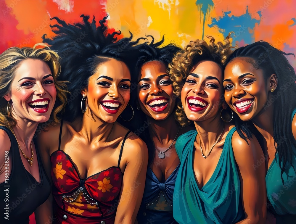 Fototapeta premium An oil painting depicting a lively celebration of diverse women, vibrant colors creating a joyful atmosphere. Chiaroscuro lighting accentuates their features and expressions of happiness and camarader