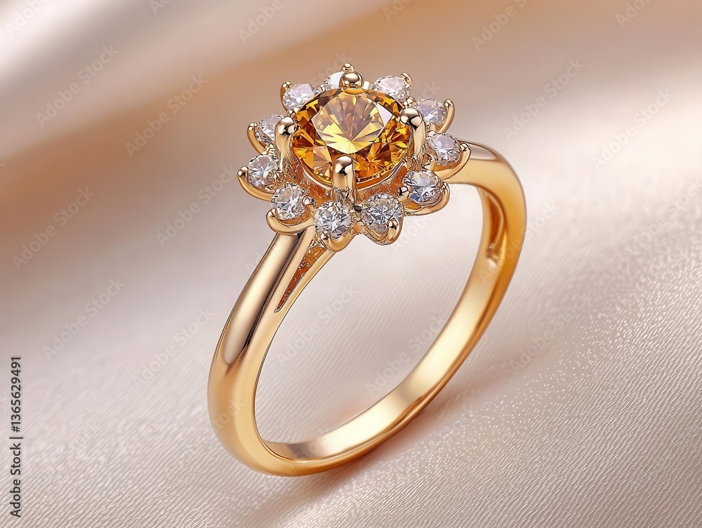 Intricate cocktail ring with a sunburst design featuring a central yellow diamond, isolated on a soft cream surface Intricate cocktail ring with a sunburst design featuring a central yellow diamond, isolated on a soft cream surface
