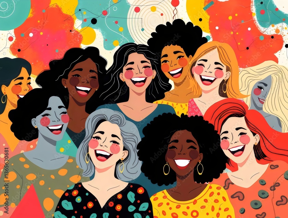 An illustration showcasing a joyful celebration of diverse women. Vibrant colors, abstract patterns, and dynamic lighting create a celebratory atmosphere. The women’s expressions and poses highlight t An illustration showcasing a joyful celebration of diverse women. Vibrant colors, abstract patterns, and dynamic lighting create a celebratory atmosphere. The women’s expressions and poses highlight t