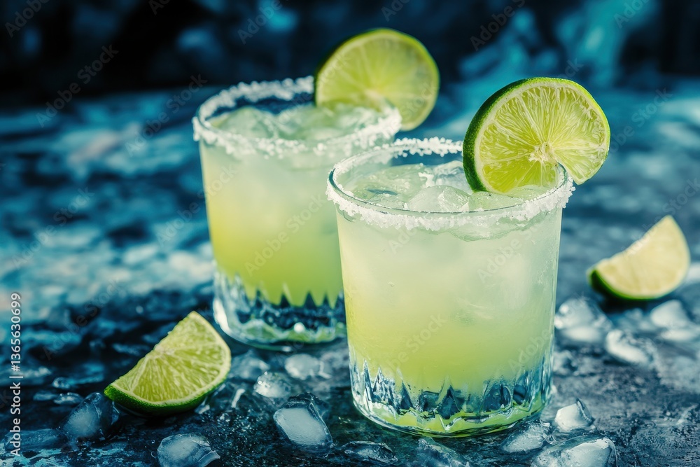 A refreshing and visually appealing presentation of two glasses of margaritas on a textured surface perfect for summer celebrations A refreshing and visually appealing presentation of two glasses of margaritas on a textured surface perfect for summer celebrations