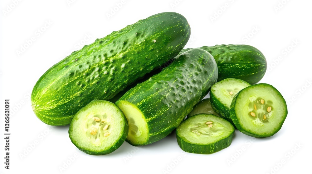 Fresh green cucumbers with sliced pieces on white background Fresh green cucumbers with sliced pieces on white background