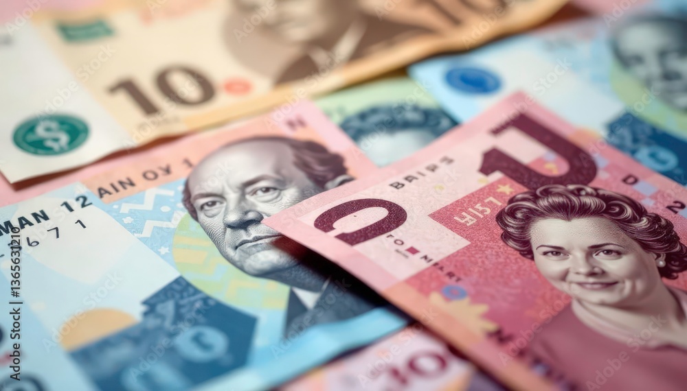 Obraz premium Blurred banknotes, various currencies, seamless texture, business, background, wealth