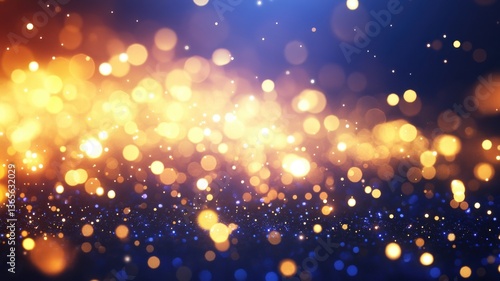 Glittering golden and blue bokeh lights create a festive atmosphere in an evening setting