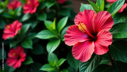 Wallpaper Mural Bold hibiscus blooms, lush green foliage, vibrant repeat, botanical, hibiscus pattern Torontodigital.ca