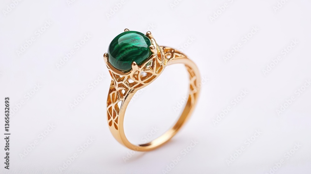 Unique cocktail ring with a round malachite stone and intricate gold filigree, isolated on a seamless white background Unique cocktail ring with a round malachite stone and intricate gold filigree, isolated on a seamless white background