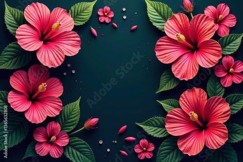 Bold hibiscus flowers, stylized leaves, dense floral arrangement, colorful, seamless