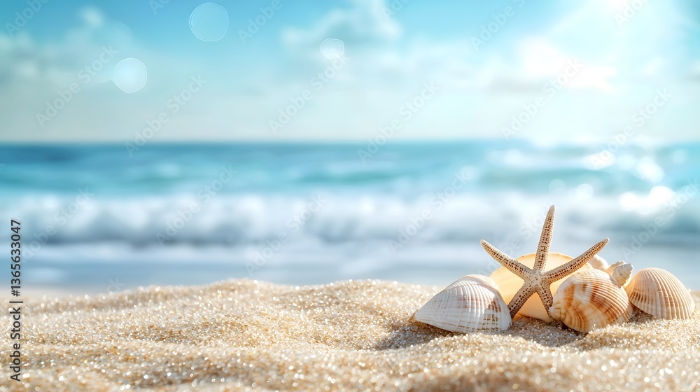 Serene Beach Background with Seashells and Starfish on Soft Sand Serene Beach Background with Seashells and Starfish on Soft Sand