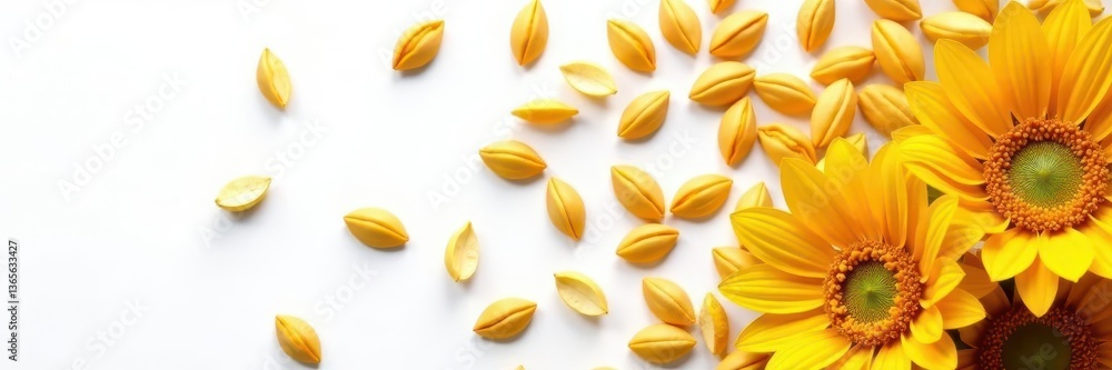 Fototapeta premium Scattered sunflower seeds, pristine white backdrop, grain, food photography, image