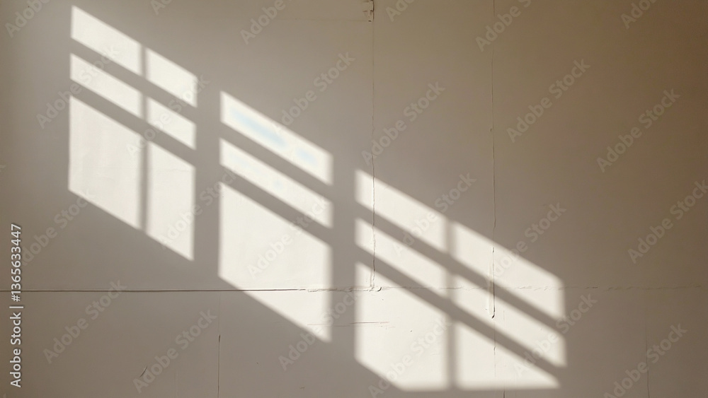 Obraz premium Geometric Shadows: The sun casts intricate shadows across a neutral wall, creating a minimalist composition, geometric pattern, playing with light and contrast.