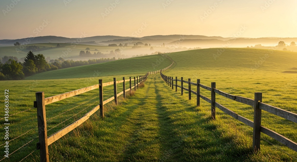 Fototapeta premium Serene Sunrise Over Rolling Green Hills and Wooden Fence