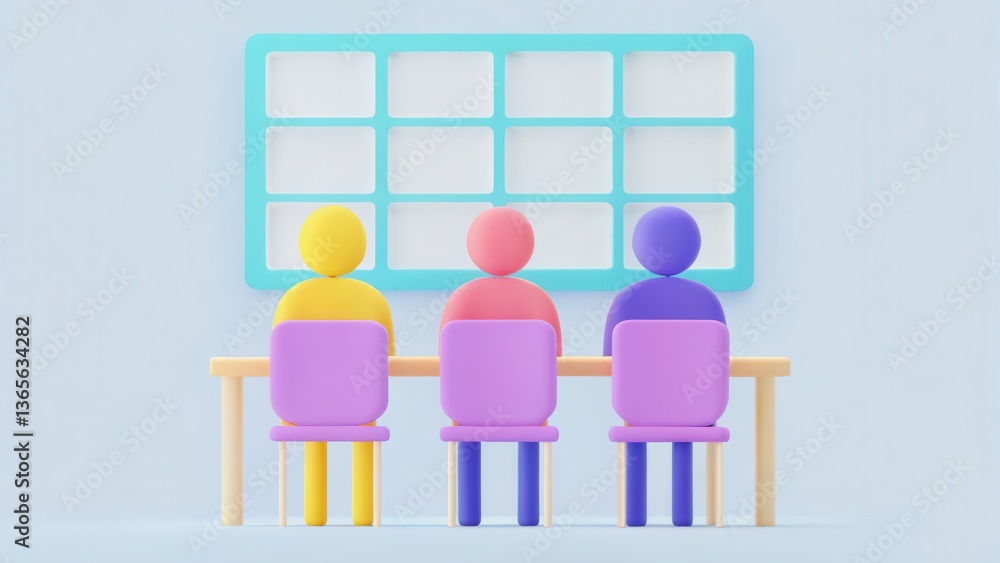 Obraz premium Colorful figures sitting at a table facing a blank board.