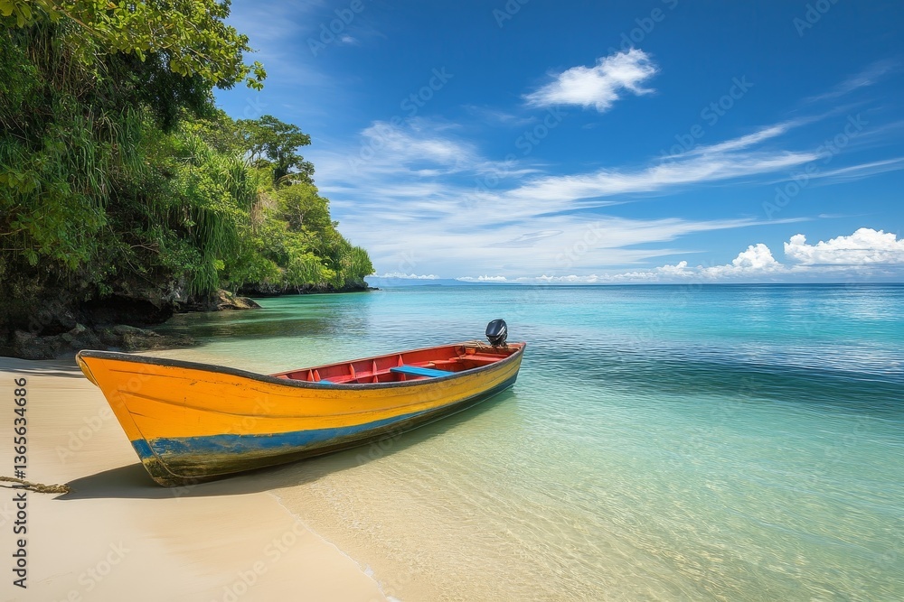 Fototapeta premium Solitary Boat on a Tranquil Tropical Beach, Caribbean Sea, Tropical Paradise , Beach, Boat