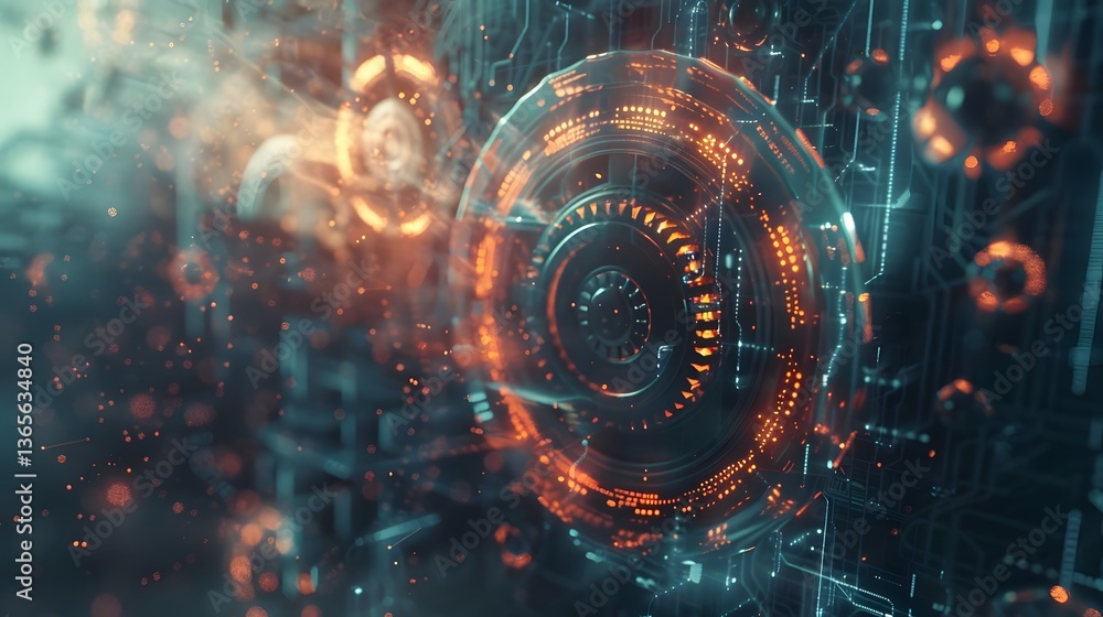 Obraz premium Futuristic Business Strategy Background with Abstract Gears and Technology Symbols