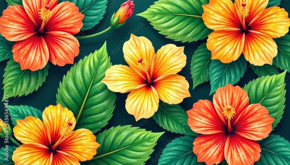 Bold tropical hibiscus pattern, vibrant orange and green, background, paradise, nature Bold tropical hibiscus pattern, vibrant orange and green, background, paradise, nature