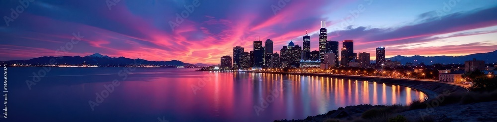 Fototapeta premium Deep hues paint Salt Lake City's skyline at dusk , urban, mountains