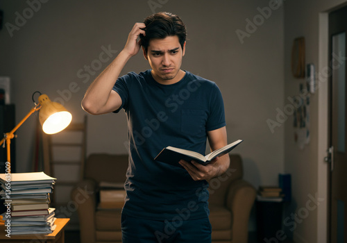 A frustrated young man struggles with his studies late at night under a warm lamplight, surrounded by stacks of books.